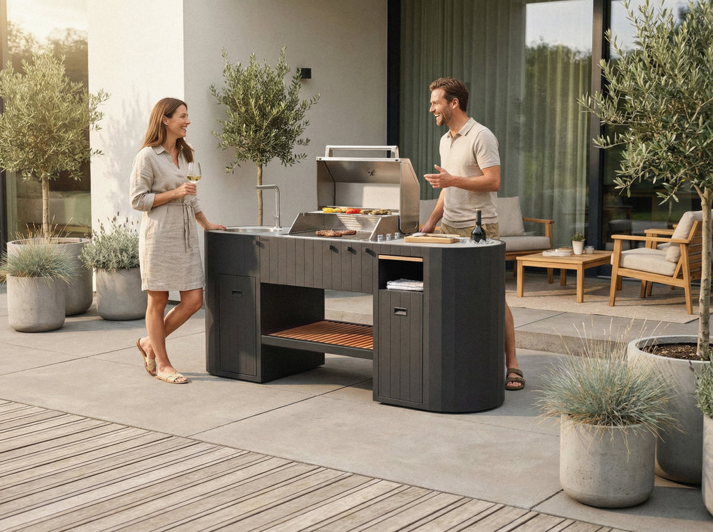 Friends grilling on the OVO GL outdoor kitchen