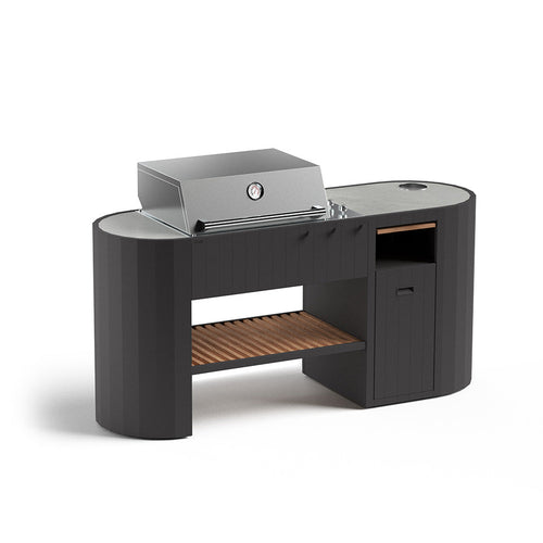 Q-boo OVO GM outdoor kitchen with gas grill, Dekton worktop and storage shelf